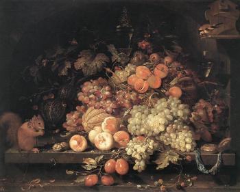 Fruit Still-Life with Squirrel and Goldfinch